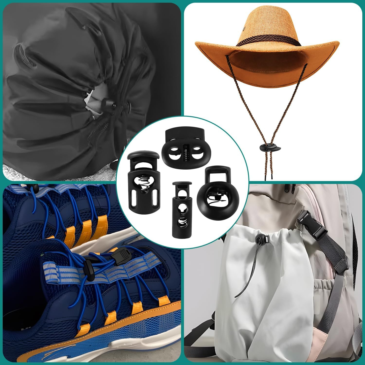 60 Pack 4 Sizes Plastic Cord Lock, Spring Toggle Stopper With, Draw String Clip,