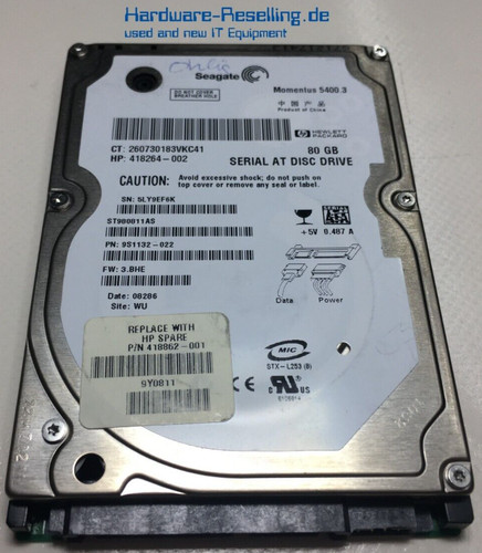 Seagate HP Momentus 80GB SATA 1.5G 5.4K 8MB ST980811AS 418862-001 9S1132-022