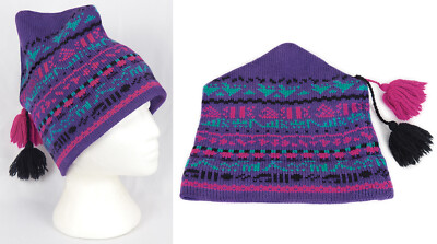Vintage Knit Wool Ski Hat CAPELLO CANADA Purple Pink Teal Tassles Beanie Toque