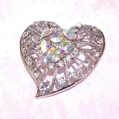 AB Crystal Valentine Heart Brooch Silver Tone Filigree Metal