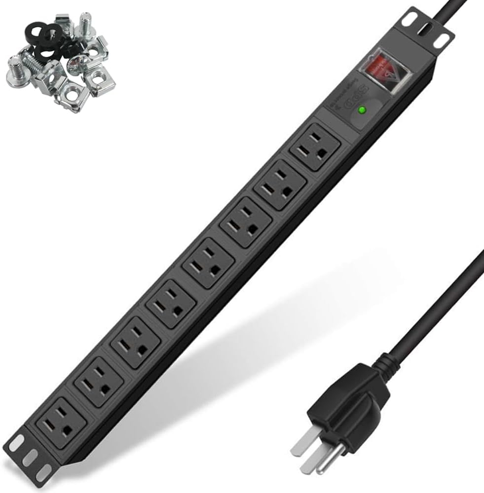 Surge Protector Power Strip 1U Rack Mount PDU,8 Wide-Spaced Outlet Extender, Mou-image