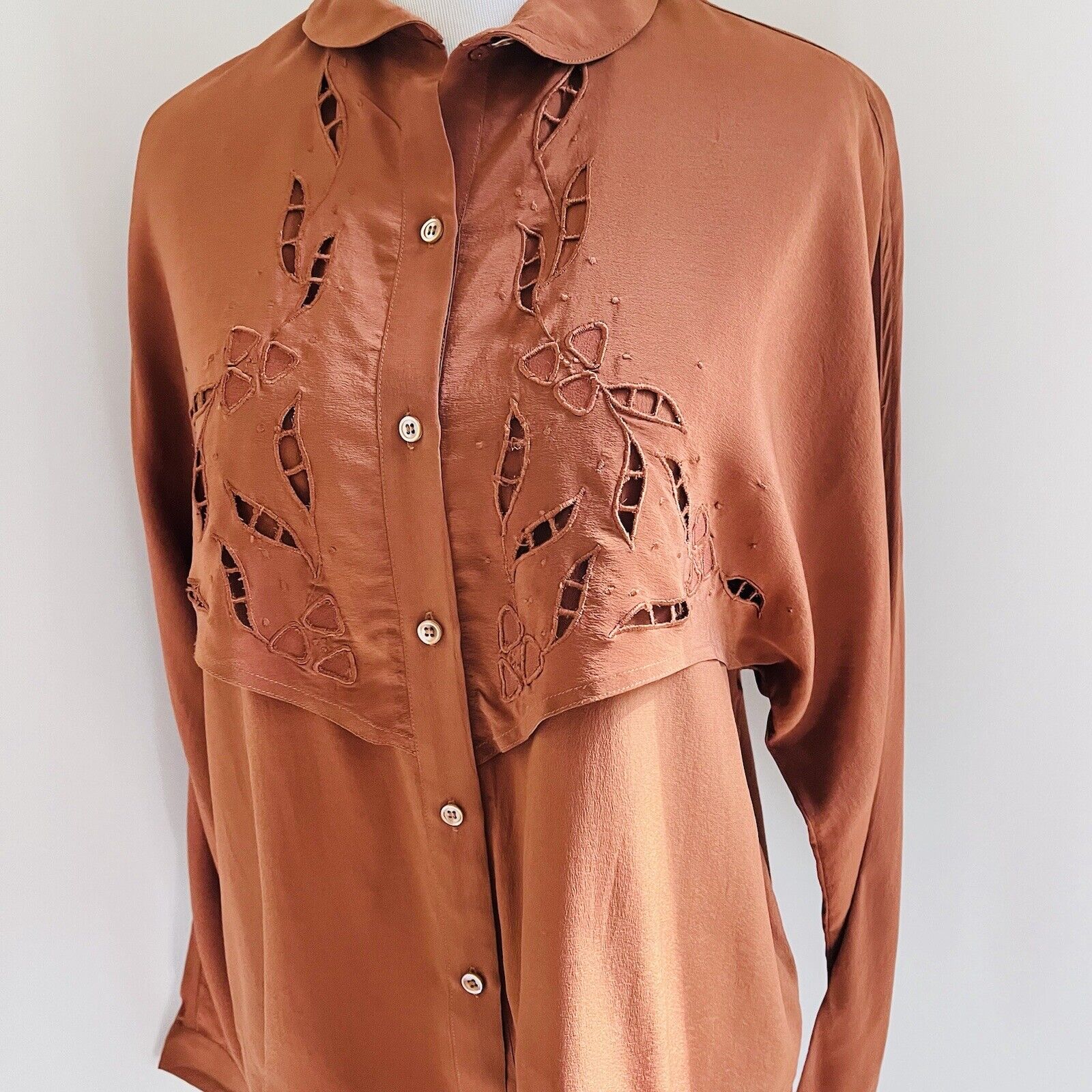 VTG 70s 80s LUXE SILK Eyelet RUST BROWN Western I… - image 9