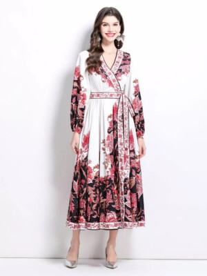 Kleid Frau Elegant Lang Weich Satin Beige Blumenmuster Bunt Gipsy 32239