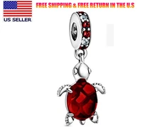 Authentic S925 Sterling Silver Murano Glass Red Sea Turtle Dangle Charm