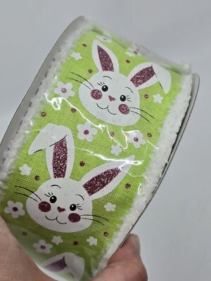 2.5'' Bunny Faces Chenille Edge Ribbon Bright Green 10 Yards CRAFTING New
