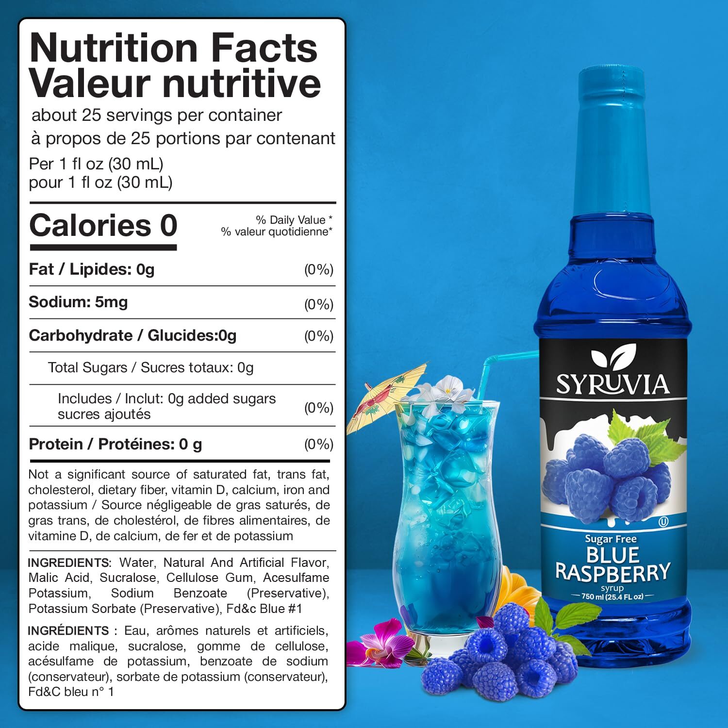 Syruvia Sugar Free Blue Raspberry Syrup 25.4 fl oz, for Drinks, Shakes & More