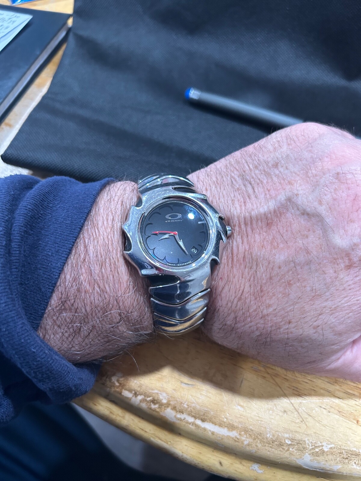 OAKLEY BLADE WATCH Black Dial Customized Battle Worn Stainless Band & Case Swiss