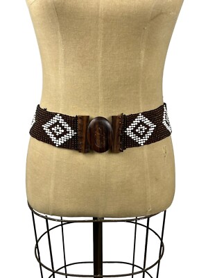 VTG Glass Beaded Wood Belt Size 30-36 display picture 3