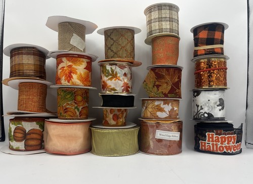 LOT Of 21 Fall & Halloween Wired Ribbon Mesh Wreaths Crafts Autumn New & Used