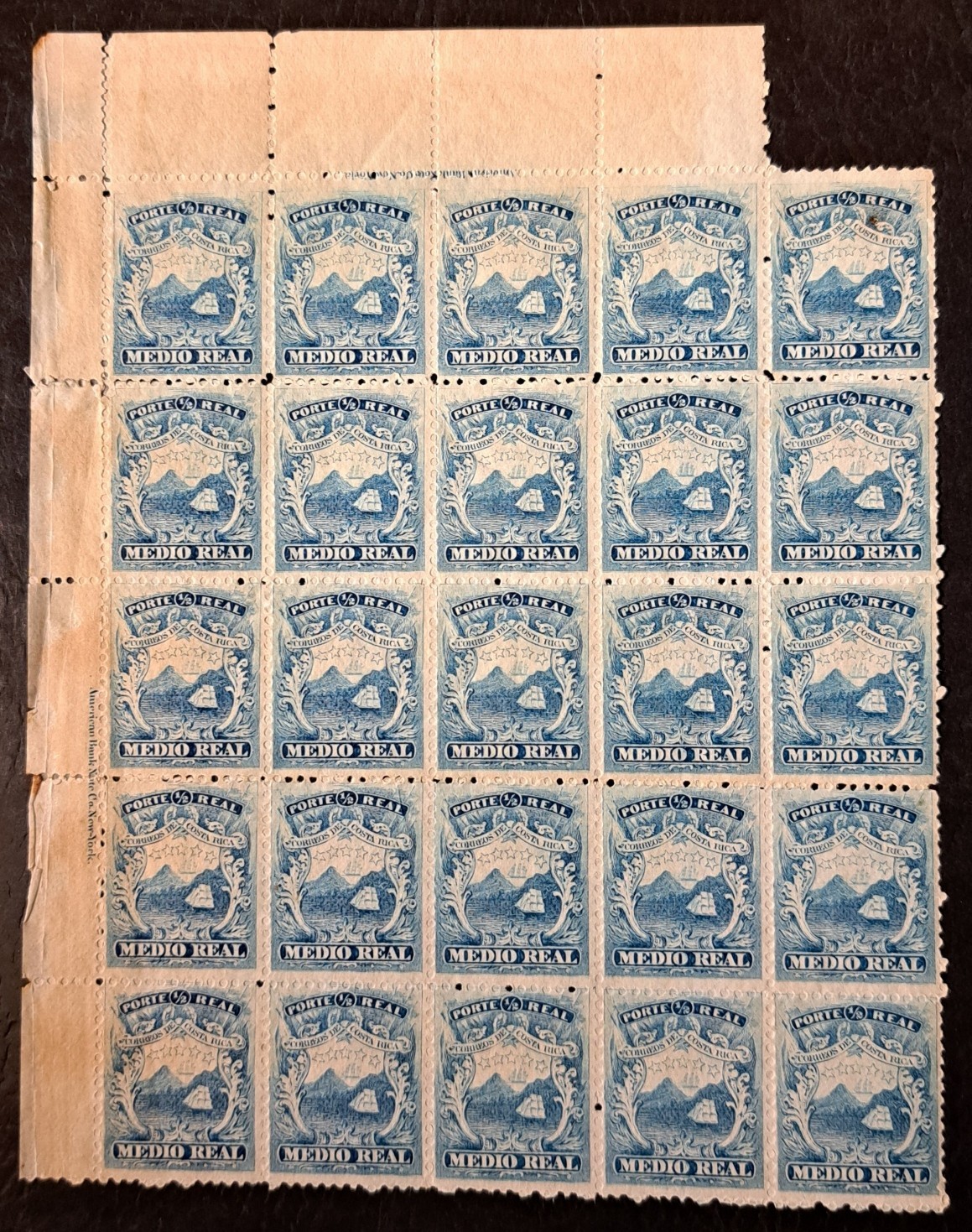 Costa Rica 1863 Sc 1a PLATE 2 MINT OG a quarter-sheet, 25 stamp top-left corner.