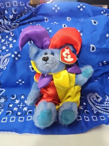 1993 Ty Attic Treasures Calliope Jester Clown Blue Bear Beanie Plush*VINTAGE*