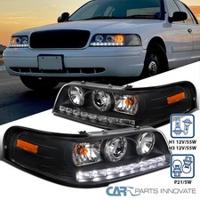 Fit 1998-2011 Ford Crown Victoria Projector Headlights Black Head Lamp Led Strip Fit 1998-2011 Ford Crown Victoria Projector Headlights Black Head Lamp Led Strip