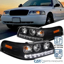 Fit 1998-2011 Ford Crown Victoria Projector Headlights Black Head Lamp LED Strip