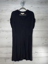 LOFT Dress Womens 14 Black Collared Short Sleeve Button Rayon Midi Flowy Casual