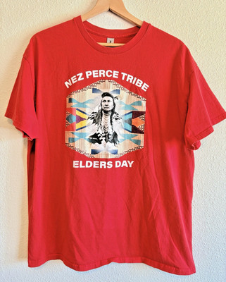 VTG 90s T SHIRT RED NATIVE NEZ PERCE CHIEF ELDER'S DAY graphic print XL