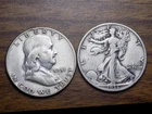 FRANKLIN AND WALKING LIBERTY SILVER HALVES 51 S AND 36 S COLLECTORS LOT 90% $1