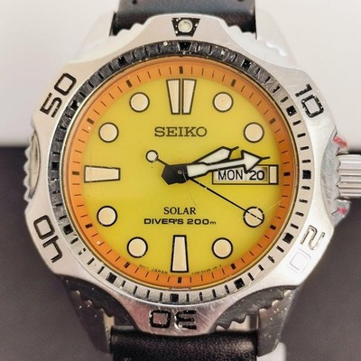 時計 SEIKO ソーラー ダイバーズ 200m V158-0AE0 Seiko V158 0AE0 Diver Solar Watch 200m Yellow Dial Stainless Case