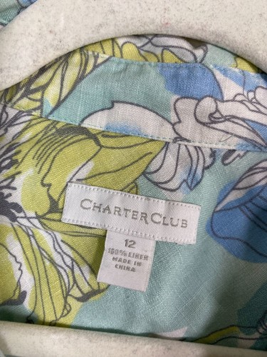 Charter Club Linen Women Floral Button Up Top Size 12 Blue Green lagenlook Boho - Picture 13 of 15