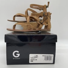 G by Guess Womens 6 Sandals Strappy Gladiator Brown Faux Leather Zip GGHOLLEE