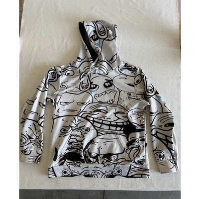 Men's White Black Meme Face Graphic Print Pullover Fleece Hoodie M Long Sleeve
