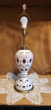 Vintage Bohemian Czech Glass Table Lamp White Hand Painted Cranberry VERY NICE! 
