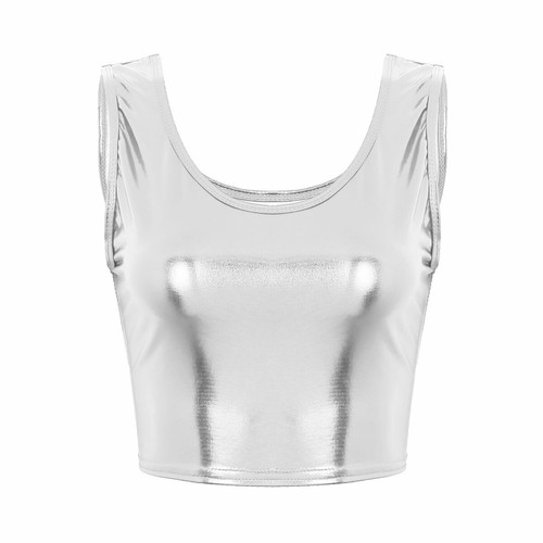 Women Tank Crop Top Shiny Metallic Scoop Neck Vest Fashion Bustier Blouse Shirt - Picture 93 of 114
