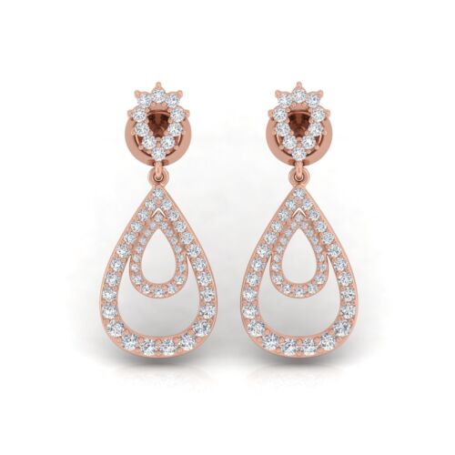 1.60 Ct Round Lab Grown CVD Pave Diamond Dangle Earrings 14k Rose Solid Gold - Picture 2 of 6