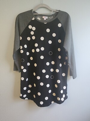 Lularoe M Randy T-Shirt Polka Dot Gray   3/4 Sleeves Black White Body