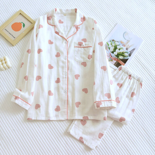 Women's Heart Print Button Up Lapel Collar Top With Elastic Pants Pajama Set - Picture 8 of 8
