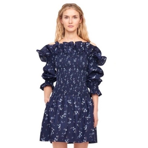 Revolve REBECCA TAYLOR Francine Off Shoulder Dress Floral Smocked Navy Blue 0 - Picture 20 of 20