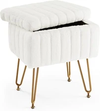 Vanity Stool Chair Storage Ottoman Faux Fur Soft Padded Makeup Footstools Seat
