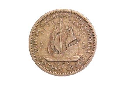 ひ*僧様 Brunt CONTINUE B/C CENTER 右 コンティニュー 1955 British Caribbean Territories 5 Cents Elizabeth II KM#4-Nice