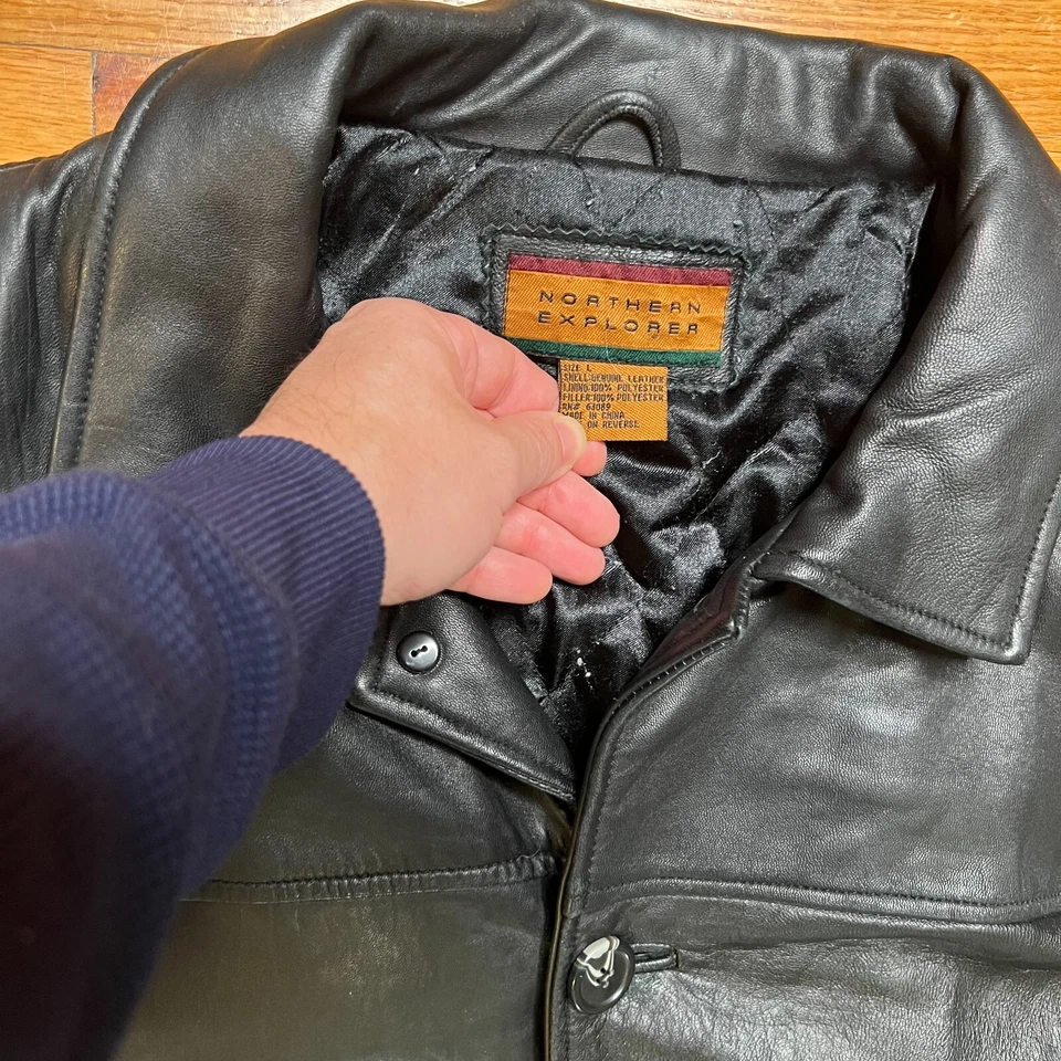 Chaqueta de bombardero de cuero con botones negra talla grande Northern Explorer de colección para hombre Foto 4 de 4