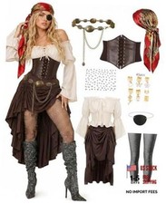 9 PCS Pirate Costume Women Set, Skirt Renaissance Halloween Outfit Medium Brown