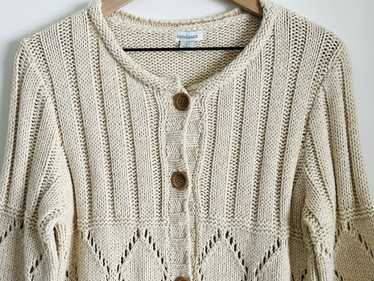 SUNDANCE Women's Chunky Cable Knit Long Duster Button Front Ivory Cardigan  Sz S