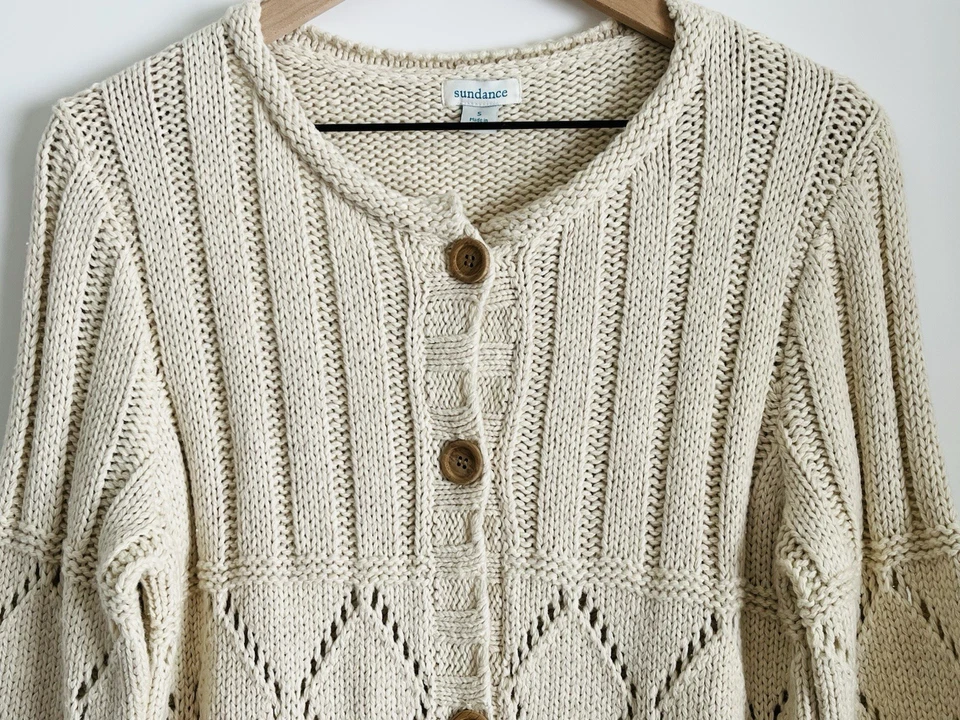 Cárdigan SUNDANCE Para Mujer Grueso Tejido con Cable Largo Plumero Botón Frontal Marfil Talla S Foto 2 de 4
