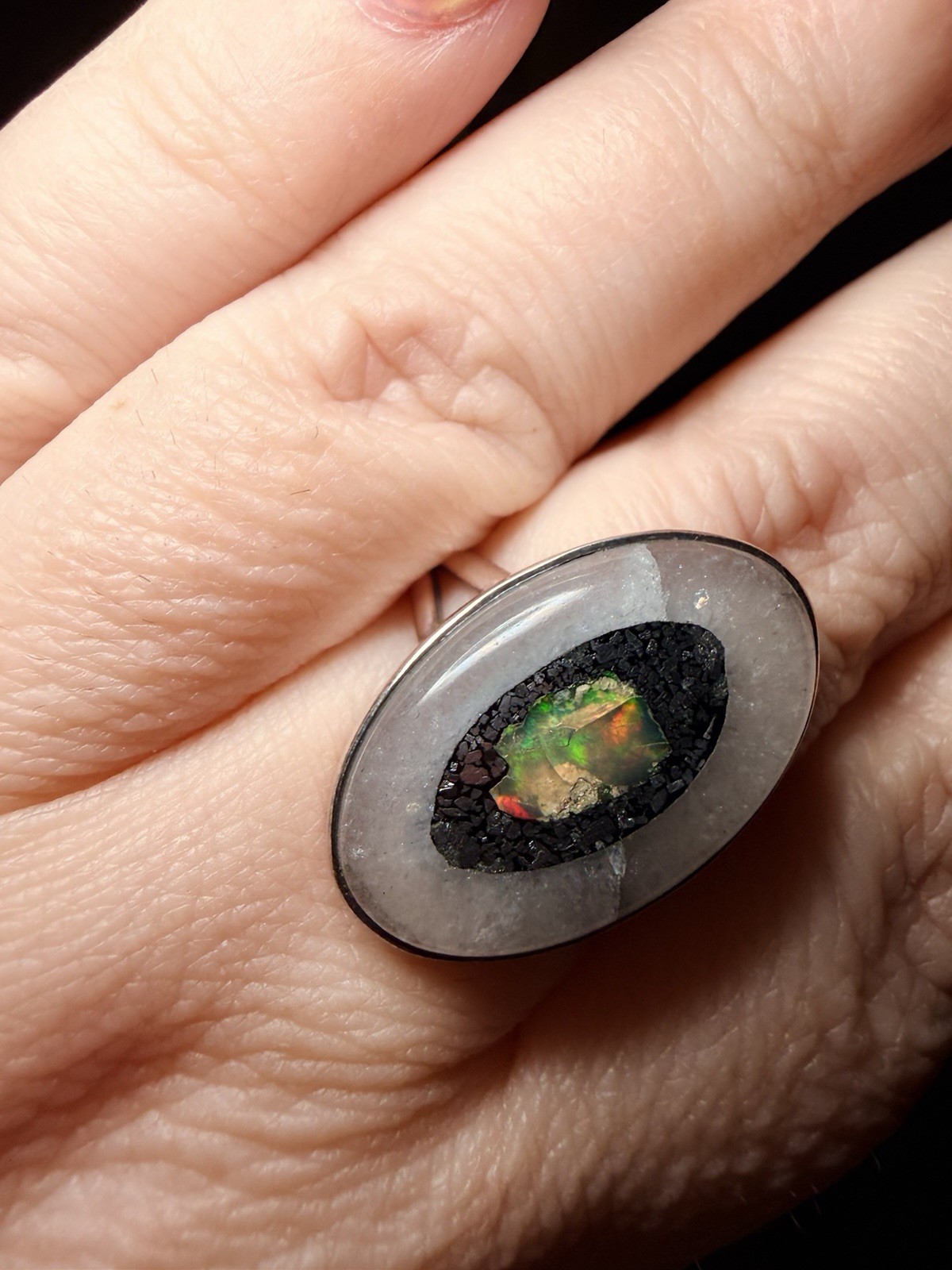 Boulder Opal Pyrite Quartz Statement Ring 925 Ste… - image 3