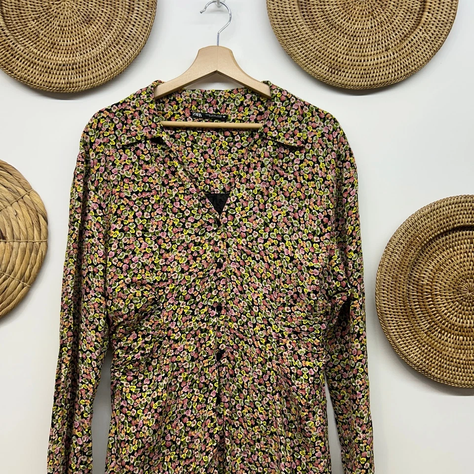 Zara 迷你连衣裙 XL 多彩花朵花卉长袖纽扣前膝 — 第 4/4 张图片