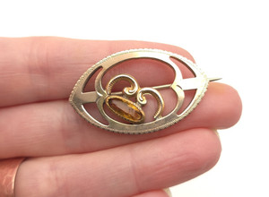 Authentic Vintage Antique Victorian Gold Plated Amber Glass Stone Openwork Pin Brooch