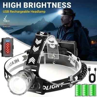 1200000LM LED Headlamp USB Rechargeable Super Bright Zoom Head Torch Headlight