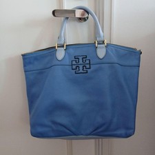 Tory Burch Leather Tote Bag Blue 2-Way Shoulder Purse Authentic GUSSET