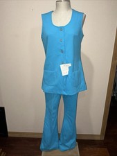 Vintage Two Piece Leisure Suit, Long Vest Top, High Waist Pant, Blue Polyester