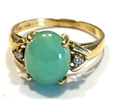 Solid 14K Yellow Gold Ring Jade Stone & 2 Sm. Diamonds