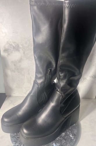 Sz 10 Soda Black Faux Leather Chunky Platform Knee High Boots Pull On Half Zip - Picture 7 of 14