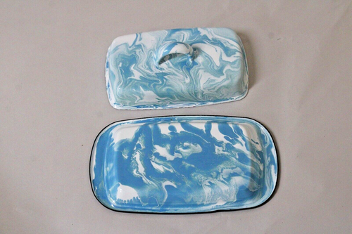 BLUE WHITE ENAMEL PORCELAIN SPLATTER BUTTER DISH HOLDER FARMHOUSE DECOR KITCHEN. - Picture 5 of 5