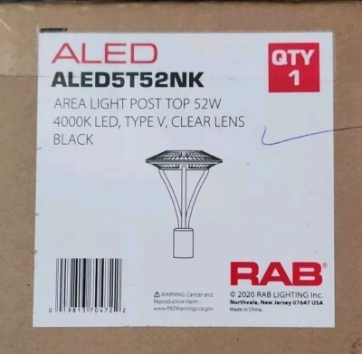  RAB ALED5T52NK 52w 4000k 120/277v Post Top Area Light (NIB)