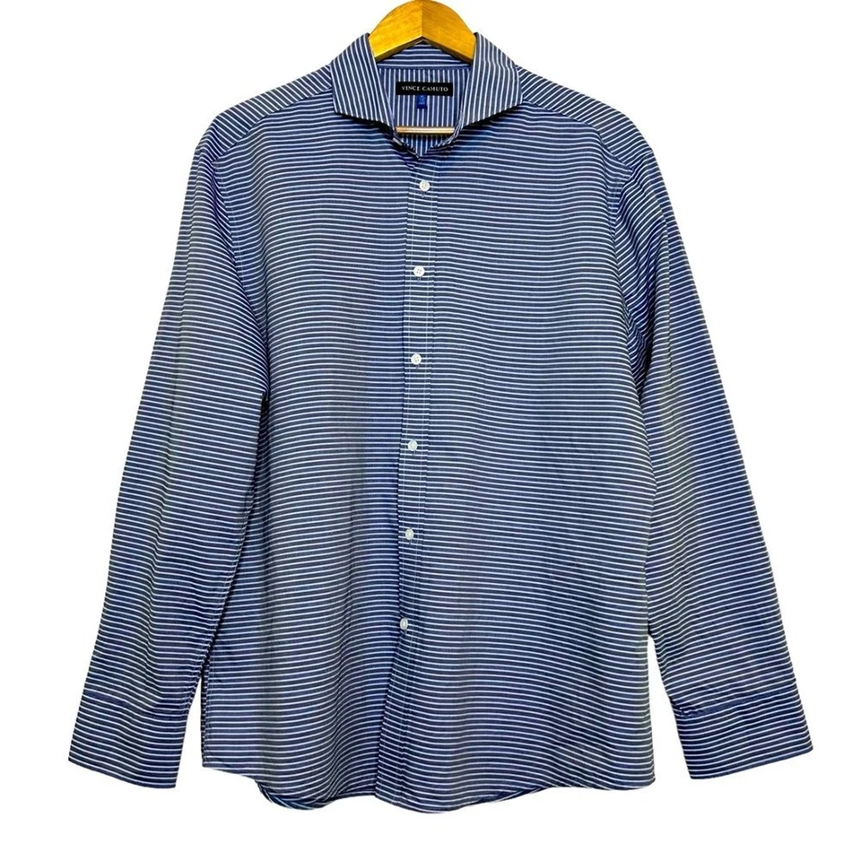 Vince Camuto 男式标准版纽扣衬衫 XL 码蓝色白色条纹学院风 — 第 3/4 张图片