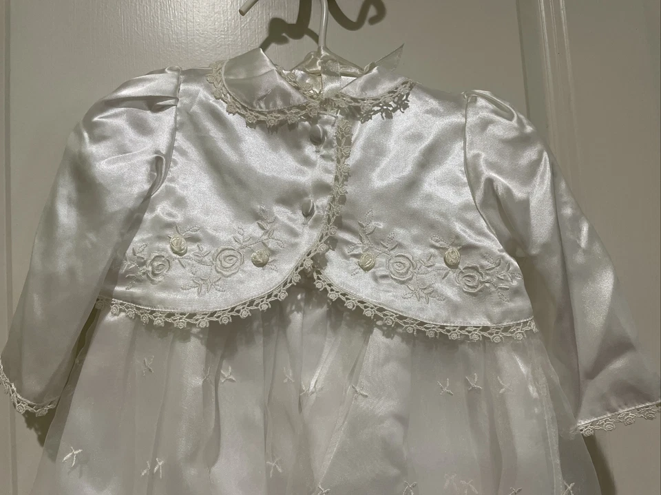 La Princess Ivory Baptism Christening Gown Dress Bonnet Cardigan Sz 6 - 12 Month - Image 3 of 4