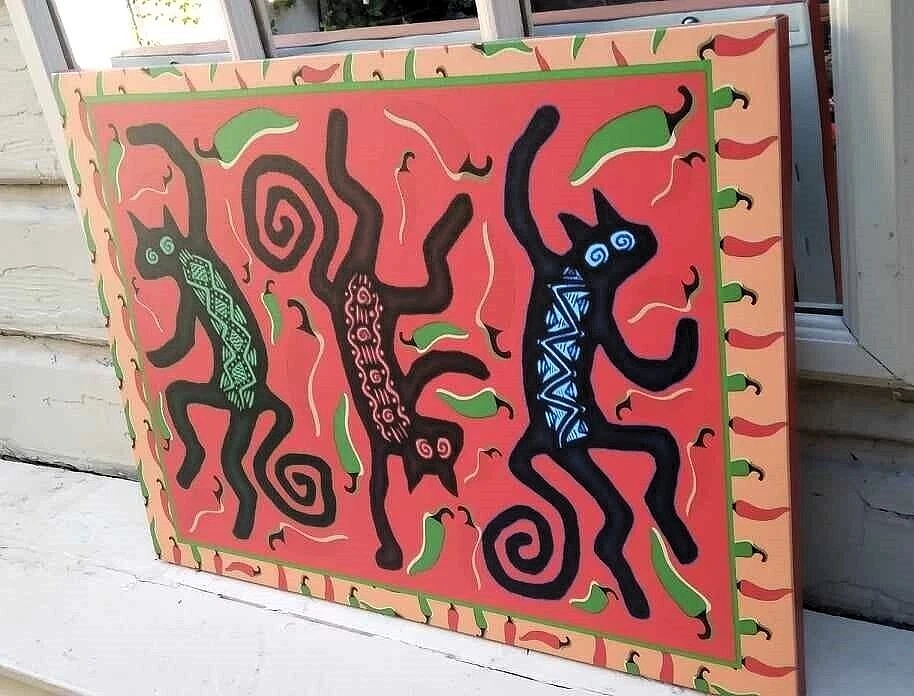 DIVERTIDA Impresión Artística Original Envoltura Lienzo Giclee Bailando Pimientos Gatos Foto 3 de 4