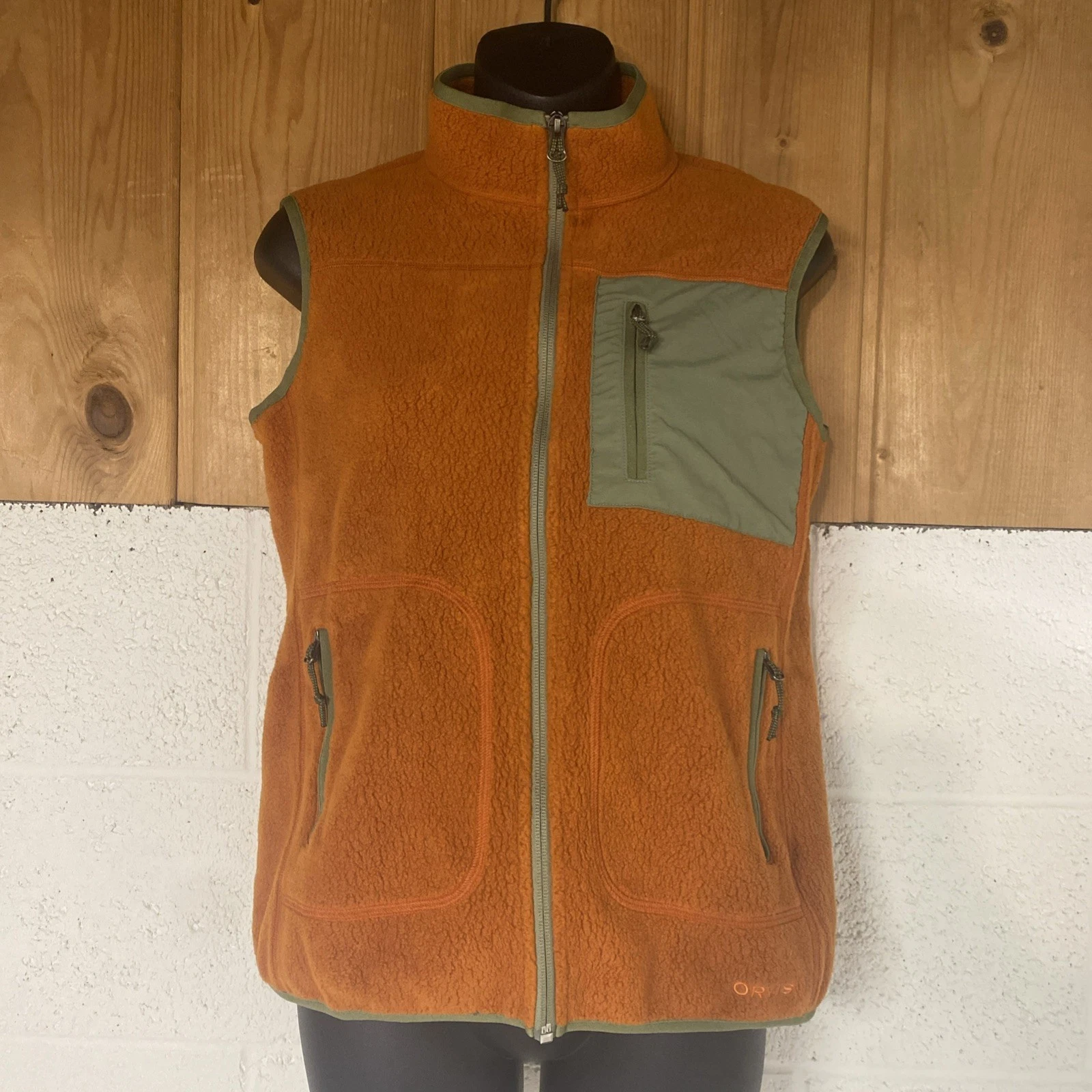 Orvis Men's Fleece Vest Full-Zip Pockets Utility Hiking Orange Mens Size S Small